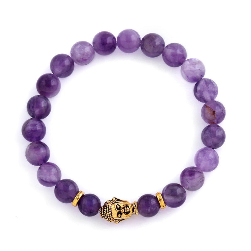 Natural amethyst Buddha head bracelet with adjustable elastic cord - spiritual jewelry