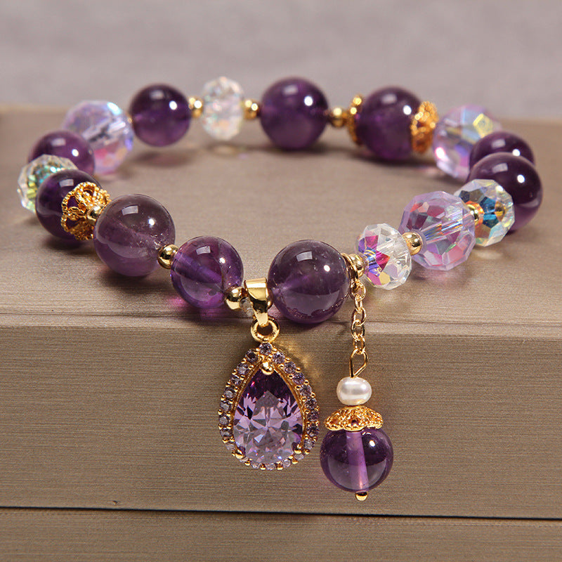 Purple Amethyst and faceted crystal bracelet with water drop pendant