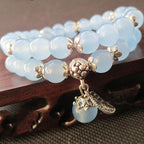 Blue Chalcedony beaded double-wrap bracelet with silver charms 