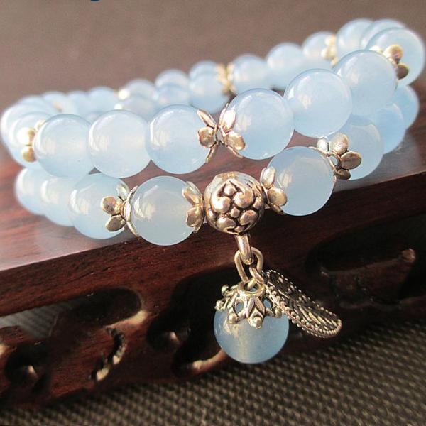 Blue Chalcedony beaded double-wrap bracelet with silver charms 