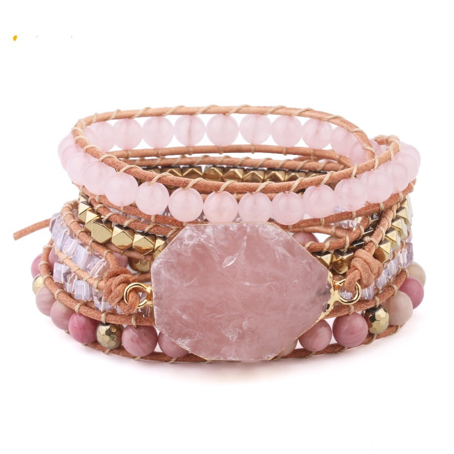 Rose Quartz and leather multi-wrap bohemian bracelet with raw stone