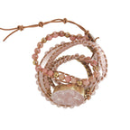 Rose Quartz and leather multi-wrap bohemian bracelet with raw stone far view