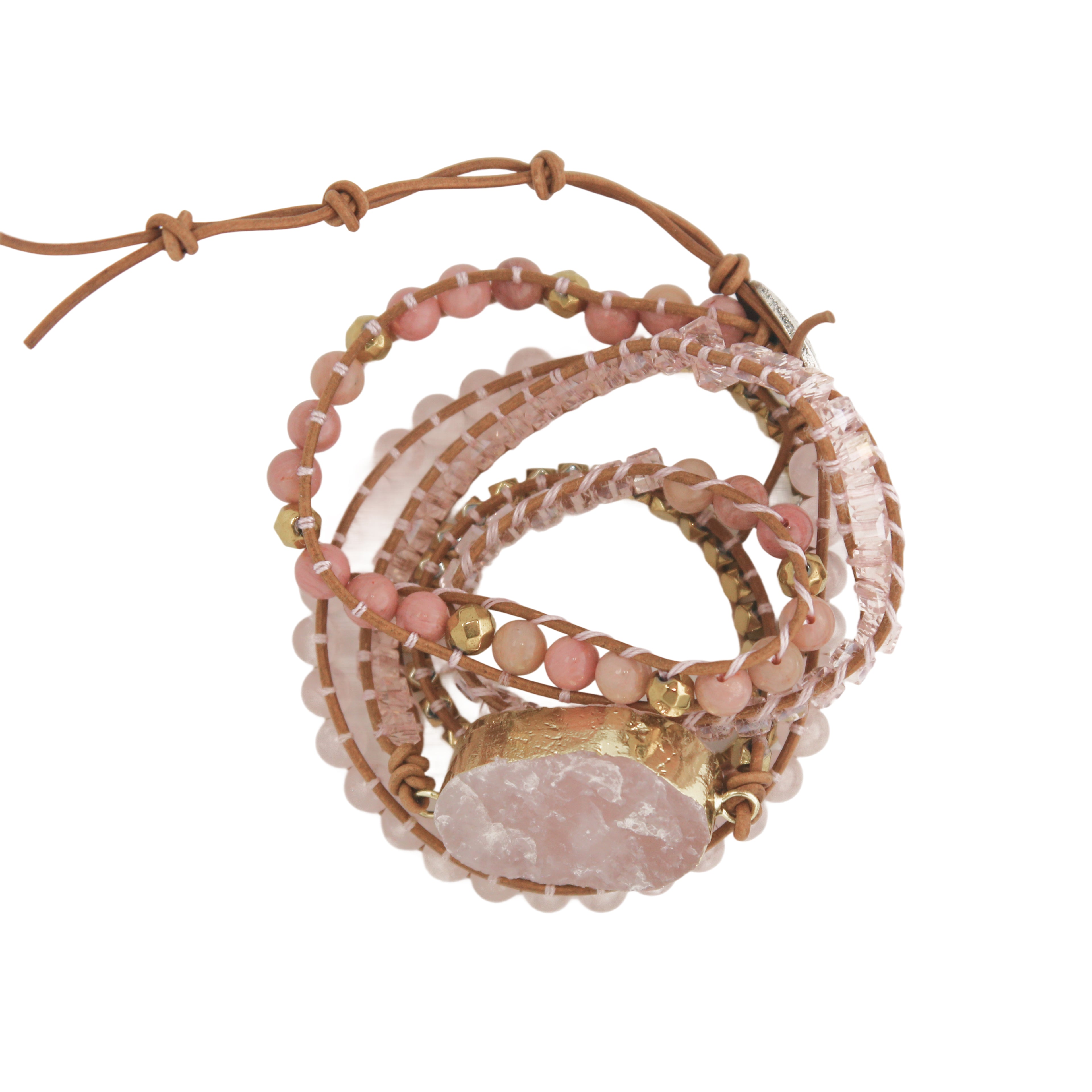 Rose Quartz and leather multi-wrap bohemian bracelet with raw stone far view