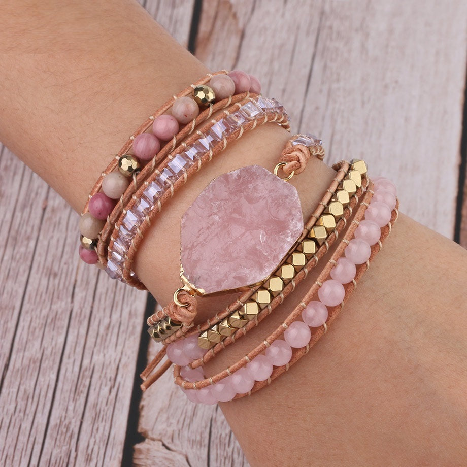 Woman wearing 'Boho Love' Rose Quartz wrap bracelet on arm