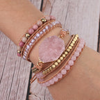 Woman wearing 'Boho Love' Rose Quartz wrap bracelet on arm