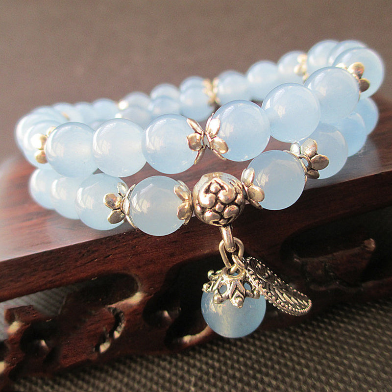 Blue Chalcedony beaded double-wrap bracelet with silver charms