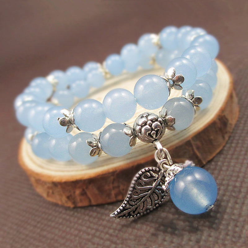 Blue Chalcedony beaded double-wrap bracelet with silver charms main display