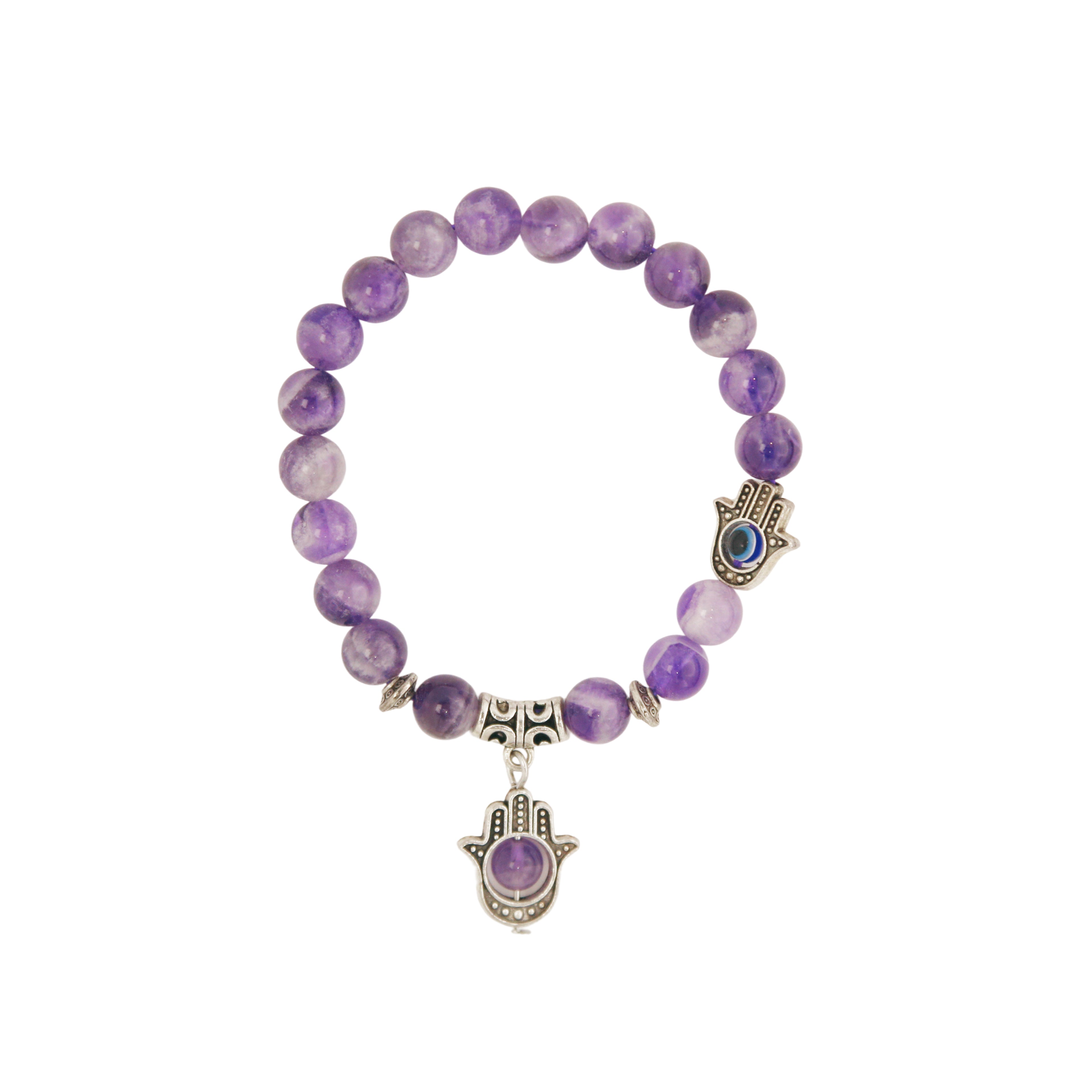 Purple beads bracelet with Eye of Horus charm, likely Amethyst