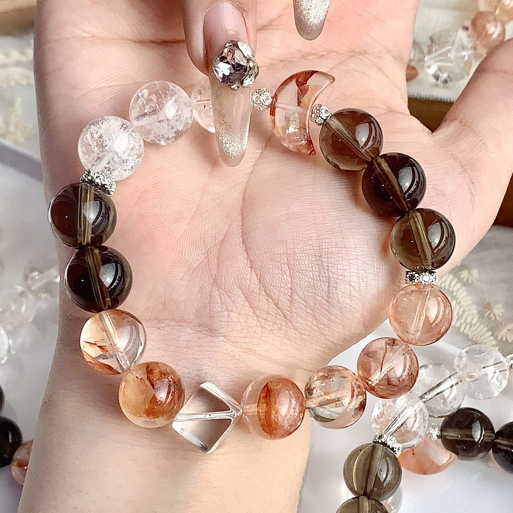 Red Hematoid Quartz and Smoky Quartz crystal bracelet