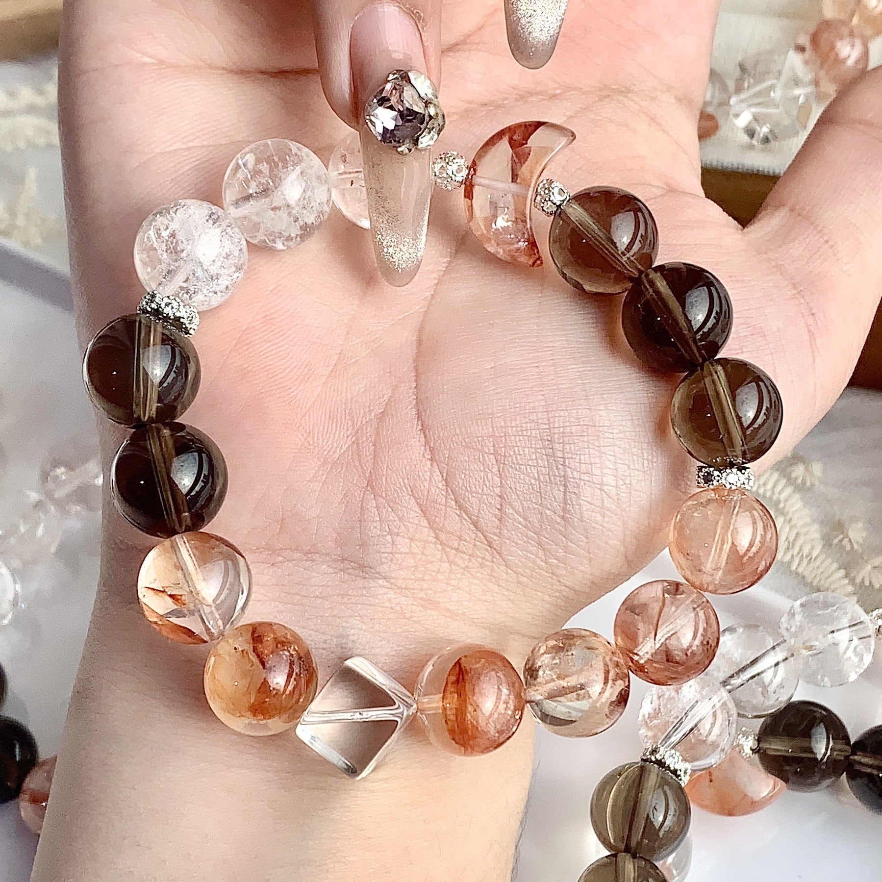 Red Hematoid Quartz and Smoky Quartz crystal bracelet
