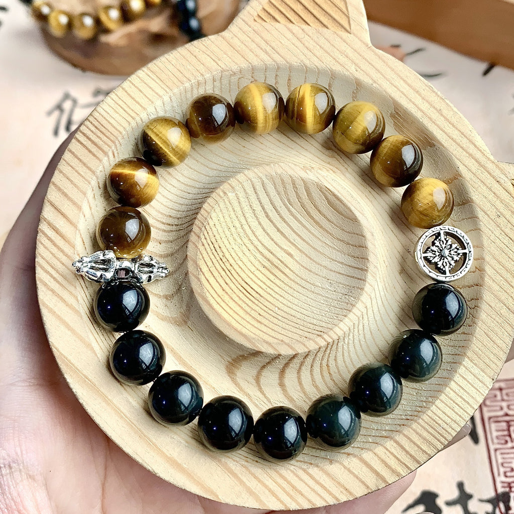 Tiger's Eye and Obsidian bracelet with silver dragon head charm and compass charm
