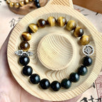 Tiger's Eye and Obsidian bracelet with silver dragon head charm and compass charm